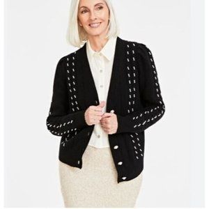 CHARTER CLUB NWT Large Black 100% Cashmere Pearl Embellished Boyfriend Cardigan